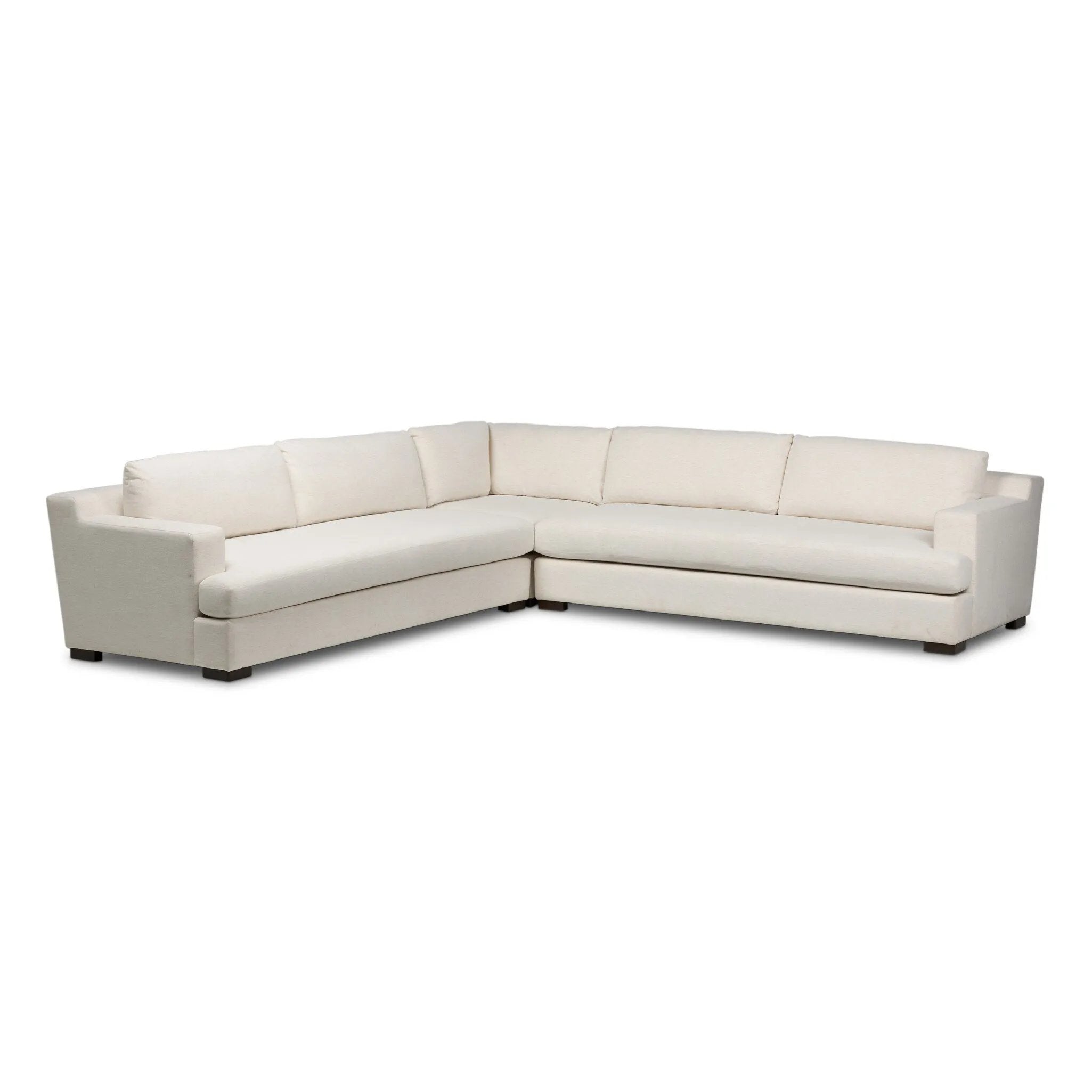 Modern shaping meets sink-in comfort for a piece that invites you and your guests to stay a little longer. The wide arms, slightly angled back and rectilinear edges on this three-piece sectional are softened with T-shaped cushions and an exaggerated bench-style seating in soft foam. Amethyst Home provides interior design, new home construction design consulting, vintage area rugs, and lighting in the Tampa metro area.