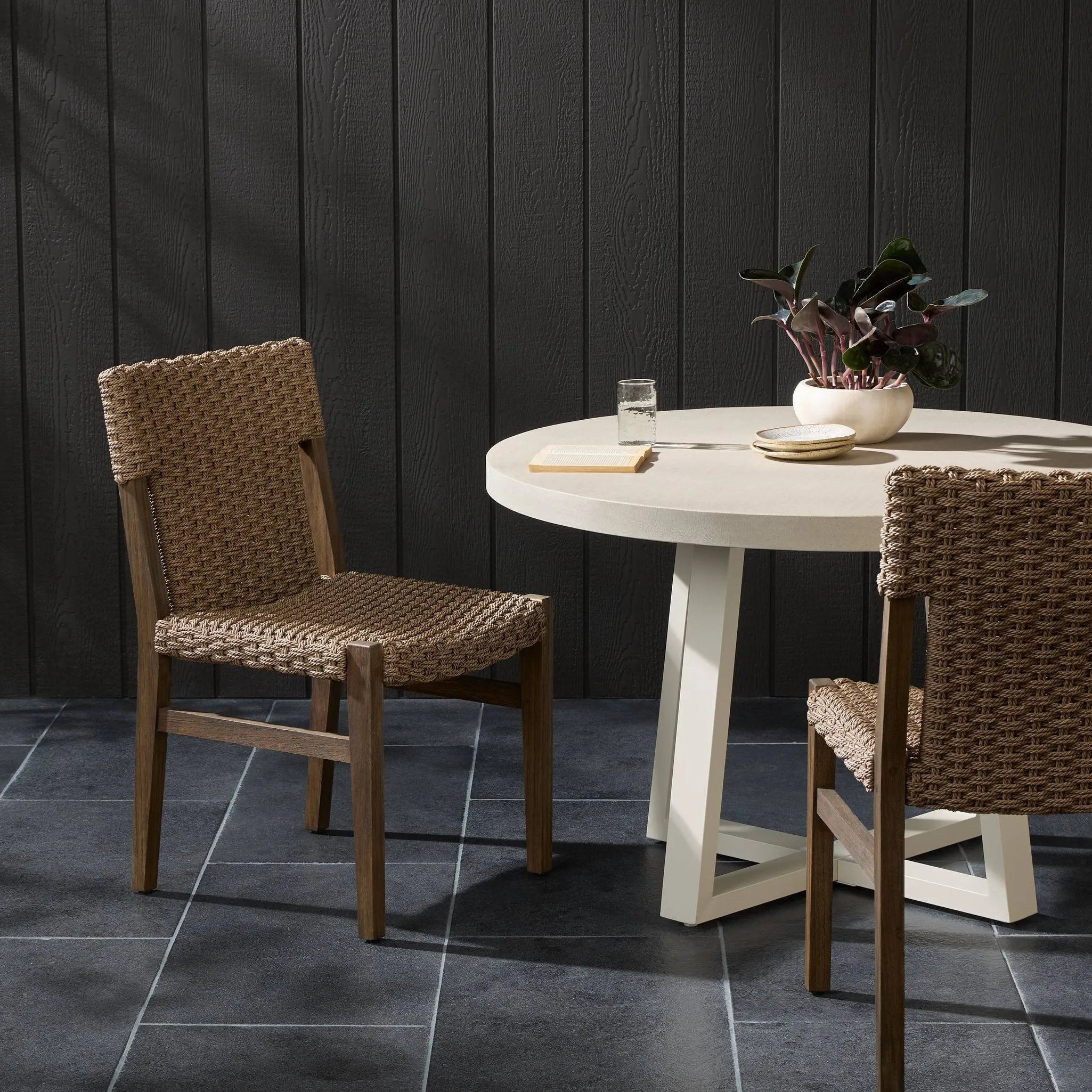 Add texture to your outdoor space with a Nordic-inspired dining chair. A subtle sling seat of all-weather wicker crafts a chunky weave, all framed out by FSC®-certified teak. Cover or store indoors during inclement weather and when not in use Amethyst Home provides interior design, new home construction design consulting, vintage area rugs, and lighting in the Des Moines metro area.