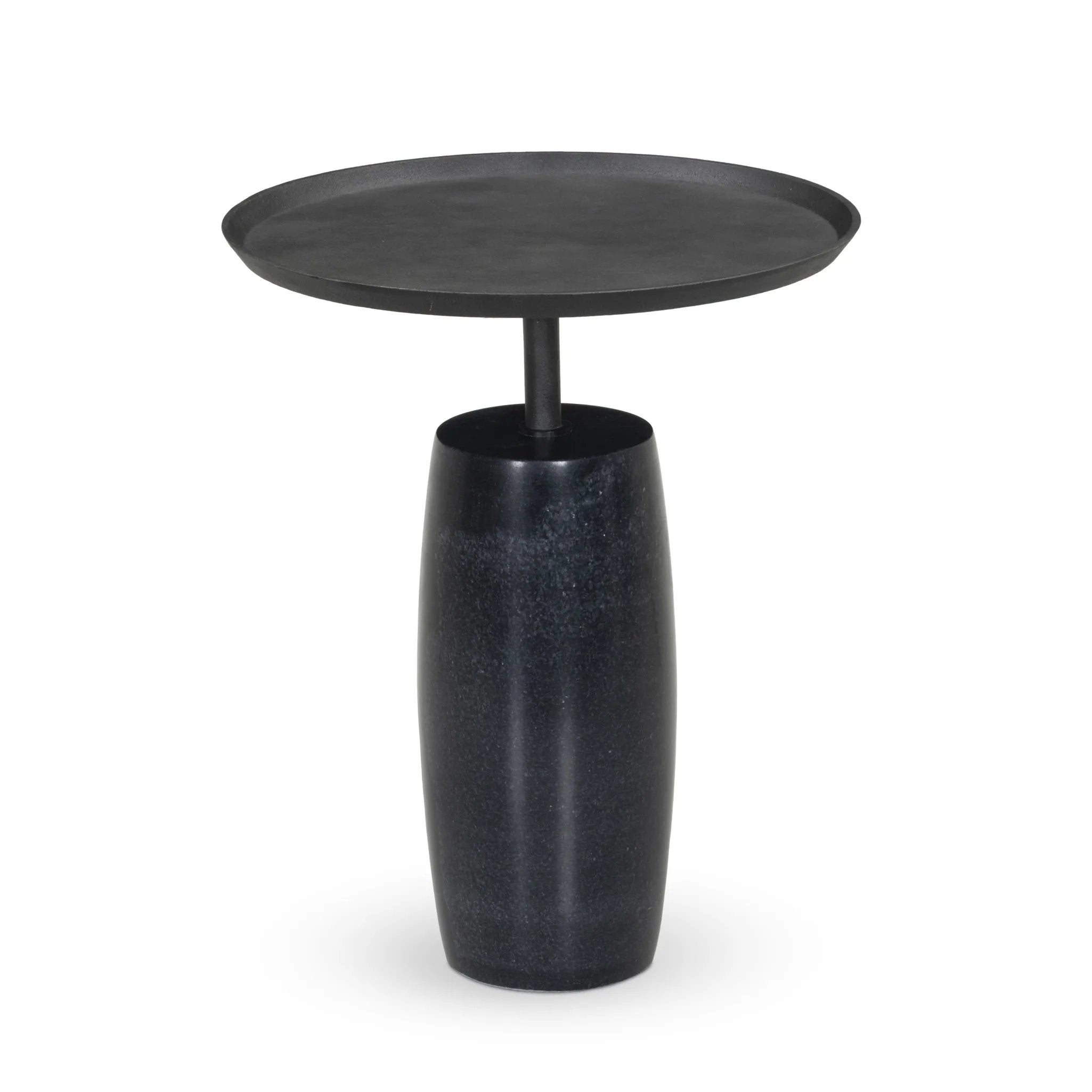 Simply sophisticated. Finished in a polished black, a solid turned marble base supports a tray-style tabletop of hammered grey aluminum, spurring a luxe look with natural movement Amethyst Home provides interior design, new home construction design consulting, vintage area rugs, and lighting in the Los Angeles metro area.