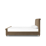 This heritage-style bed reimagines the classic sleigh silhouette. Coffee-brown, linen-like fabric slipcover is both removable and washable for practicality. Turned feet in brown parawood peek from under the slip, grounding the bed's stately charm. A design collaboration by Amber Lewis and Four Hands. Amethyst Home provides interior design, new home construction design consulting, vintage area rugs, and lighting in the Tampa metro area.