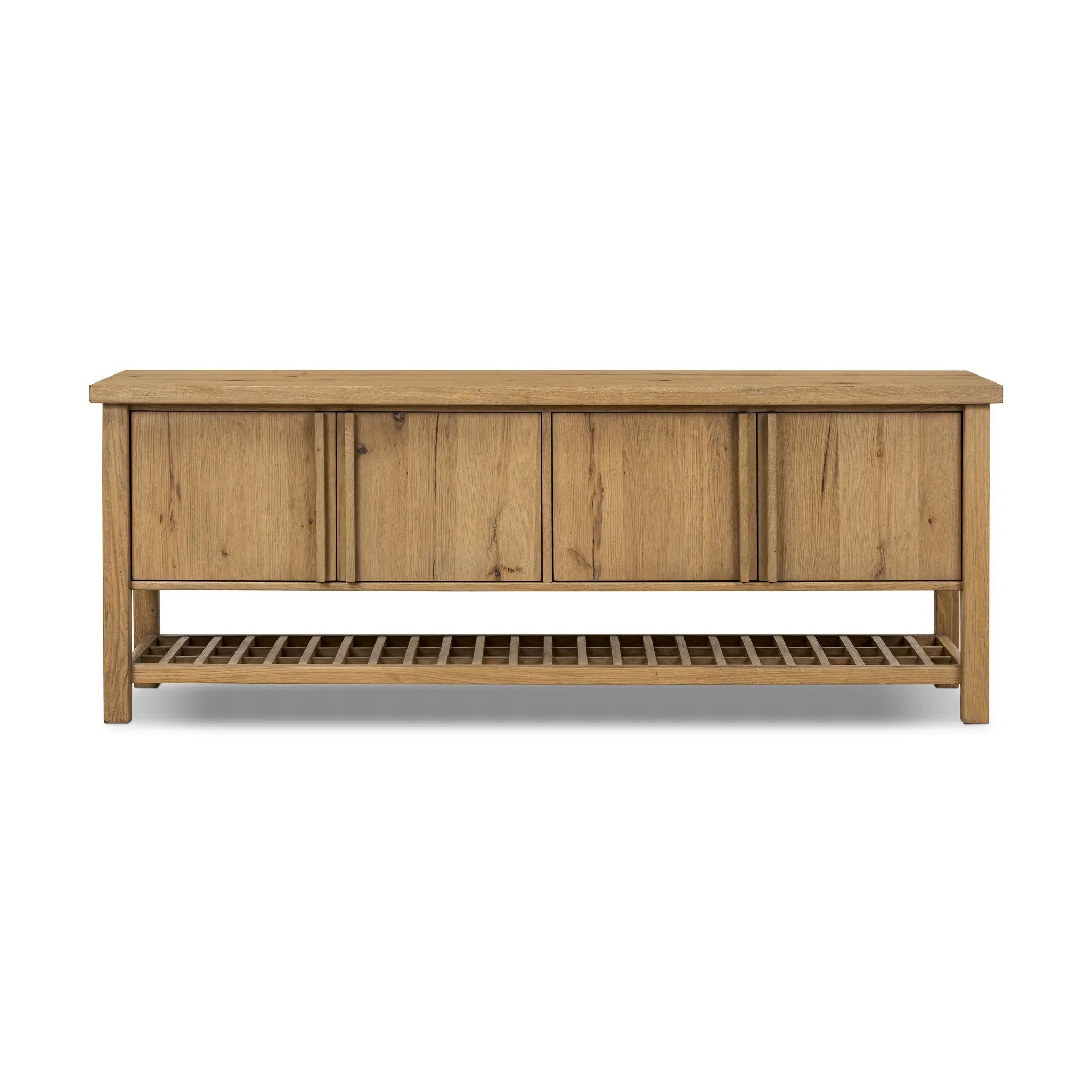 A light, clean storage look inspired by Japanese tea houses. Crafted of aged natural oak with cross lap joinery, lower shelving brings even more storage to the whole piece Amethyst Home provides interior design, new home construction design consulting, vintage area rugs, and lighting in the Laguna Beach metro area.