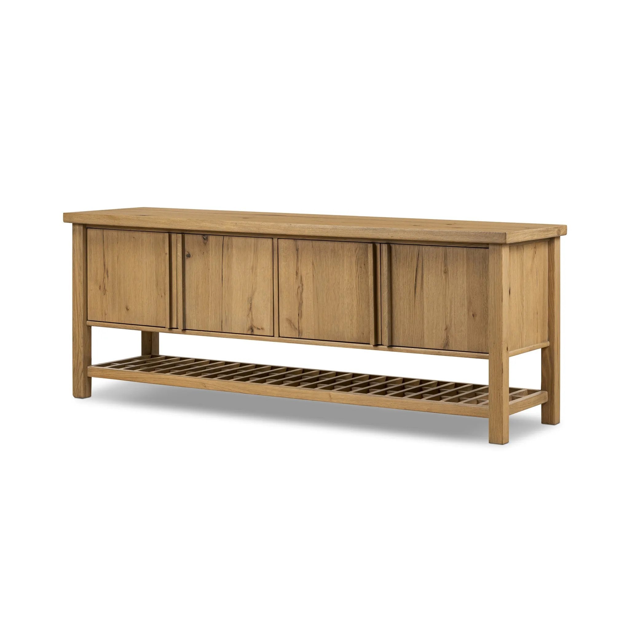 A light, clean storage look inspired by Japanese tea houses. Crafted of aged natural oak with cross lap joinery, lower shelving brings even more storage to the whole piece Amethyst Home provides interior design, new home construction design consulting, vintage area rugs, and lighting in the Washington metro area.