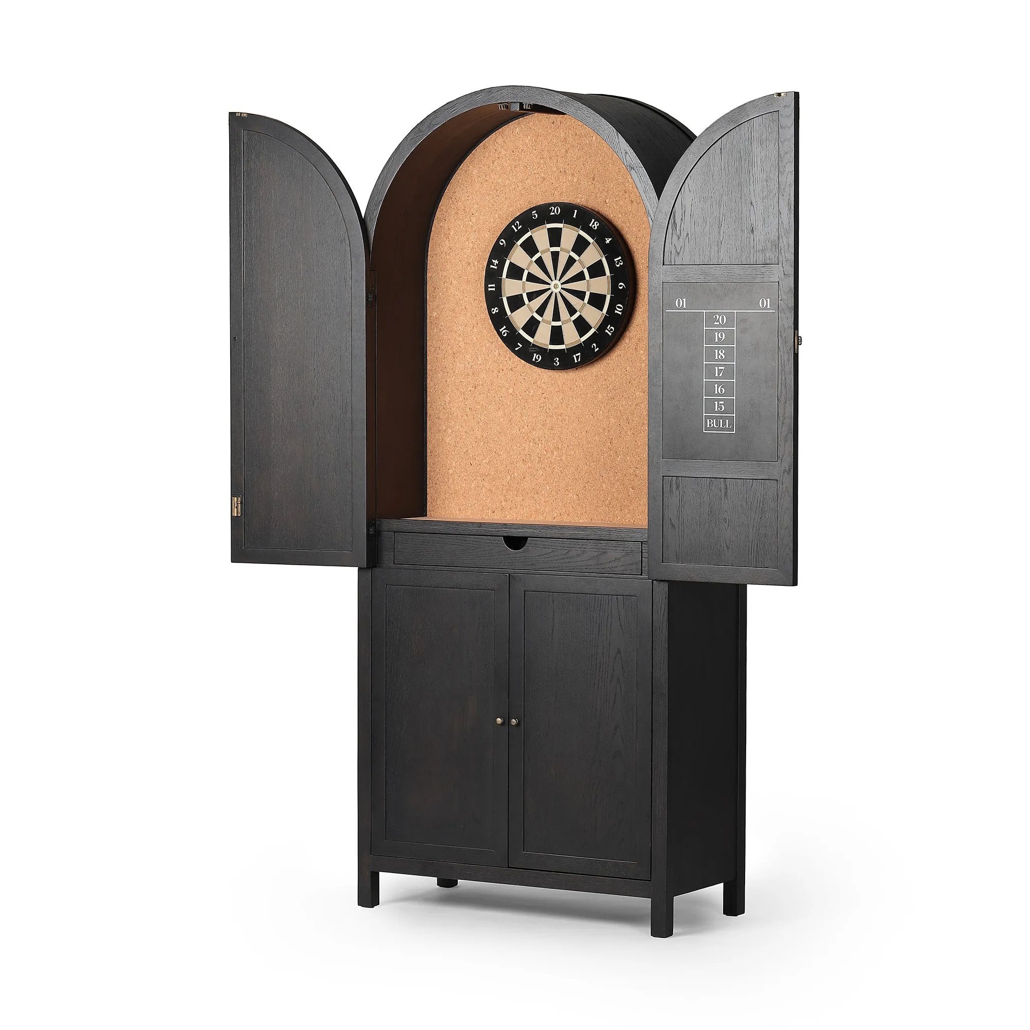 Sleek and full of surprises. This arched cabinet features lockable top doors that open to reveal a regulation size, mounting height sisal dart board, surrounded by cork backing. A full set of tungsten darts comes in an enclosed drawer, with a built-in chalk scoreboard and ample bar storage with adjustable shelving. Amethyst Home provides interior design, new home construction design consulting, vintage area rugs, and lighting in the Boston metro area.