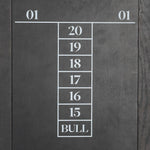 Featuring Darts Tonal Dartboard Cabinet by Four Hands at Amethyst Home. Sleek and full of surprises. This arched cabinet features lockable top doors that open to reveal a regulation size, mounting height sisal dart board, surrounded by cork backing. A full set of tungsten darts comes in an enclosed drawer, with a built-in chalk scoreboard and ample bar stora. Amethyst Home provides interior design, new home construction design consulting, vintage area rugs, and lighting in the Monterey metro area.
