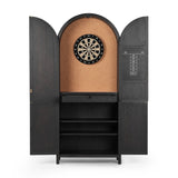 Featuring Darts Tonal Dartboard Cabinet by Four Hands at Amethyst Home. Sleek and full of surprises. This arched cabinet features lockable top doors that open to reveal a regulation size, mounting height sisal dart board, surrounded by cork backing. A full set of tungsten darts comes in an enclosed drawer, with a built-in chalk scoreboard and ample bar stor. Amethyst Home provides interior design, new home construction design consulting, vintage area rugs, and lighting in the Nashville metro area.