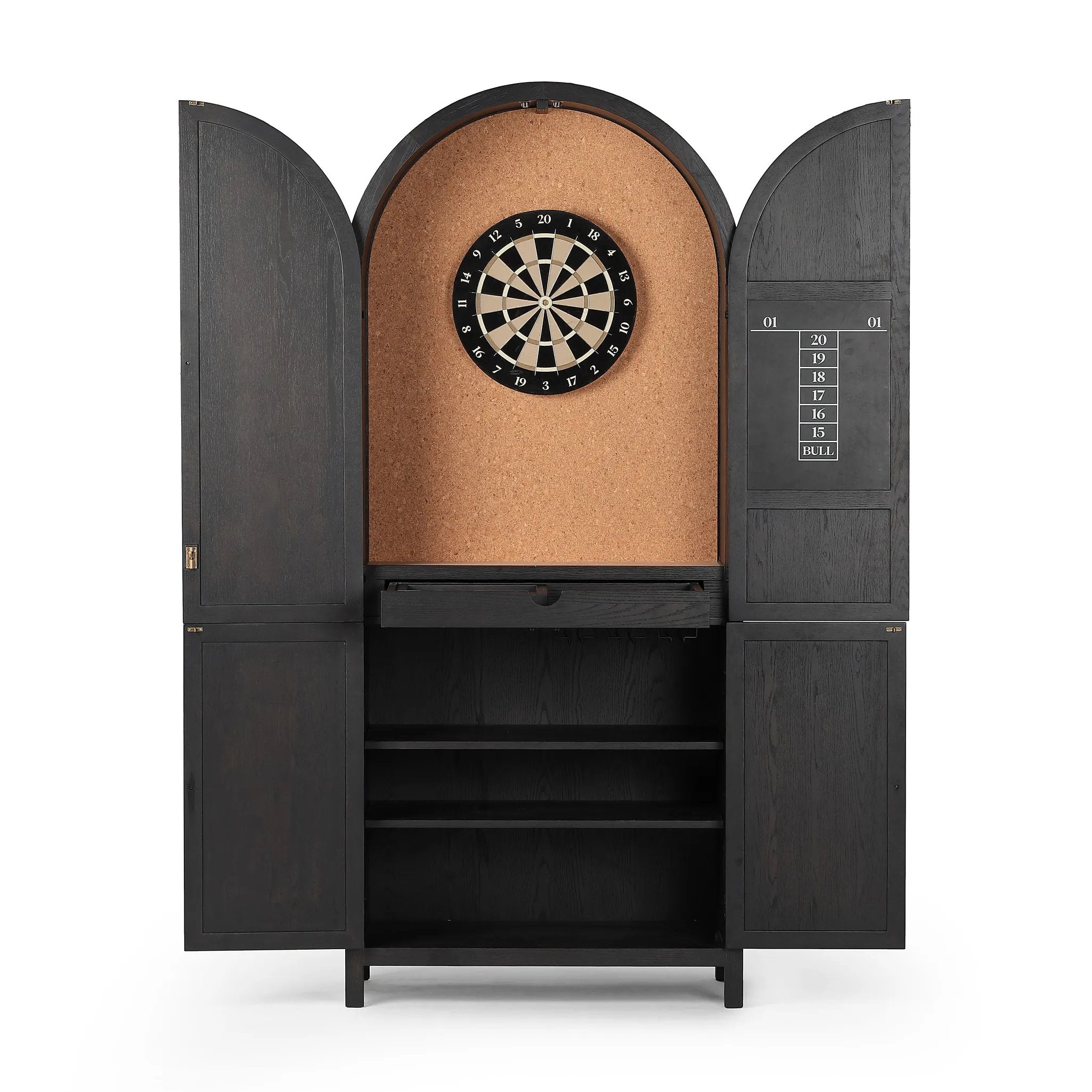 Featuring Darts Tonal Dartboard Cabinet by Four Hands at Amethyst Home. Sleek and full of surprises. This arched cabinet features lockable top doors that open to reveal a regulation size, mounting height sisal dart board, surrounded by cork backing. A full set of tungsten darts comes in an enclosed drawer, with a built-in chalk scoreboard and ample bar stor. Amethyst Home provides interior design, new home construction design consulting, vintage area rugs, and lighting in the Nashville metro area.