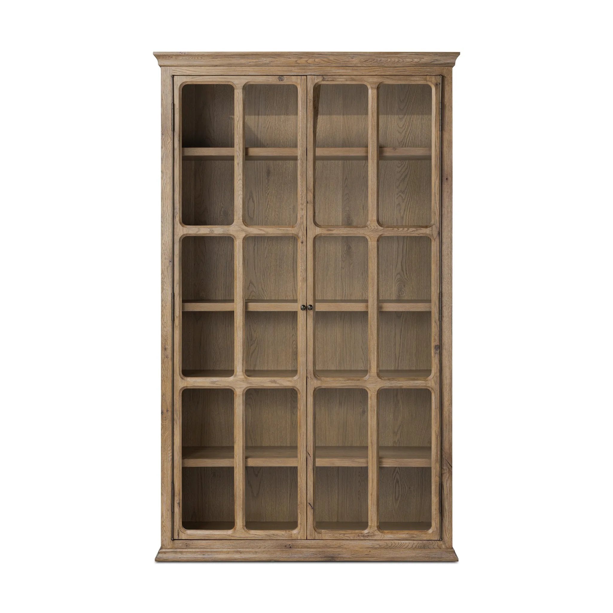 Featuring Dawes Weathered Oak Cabinet by Four Hands at Amethyst Home. Work the timeless charm of a vintage find into your collection. Weathered oak cabinetry features softened mullions and rounded glass panels, with aged bronze barrel hinges and finial detailing. Generous storage and display options  empower you to create a space that tells your story.Overa. Amethyst Home provides interior design, new home construction design consulting, vintage area rugs, and lighting in the Park City metro area.