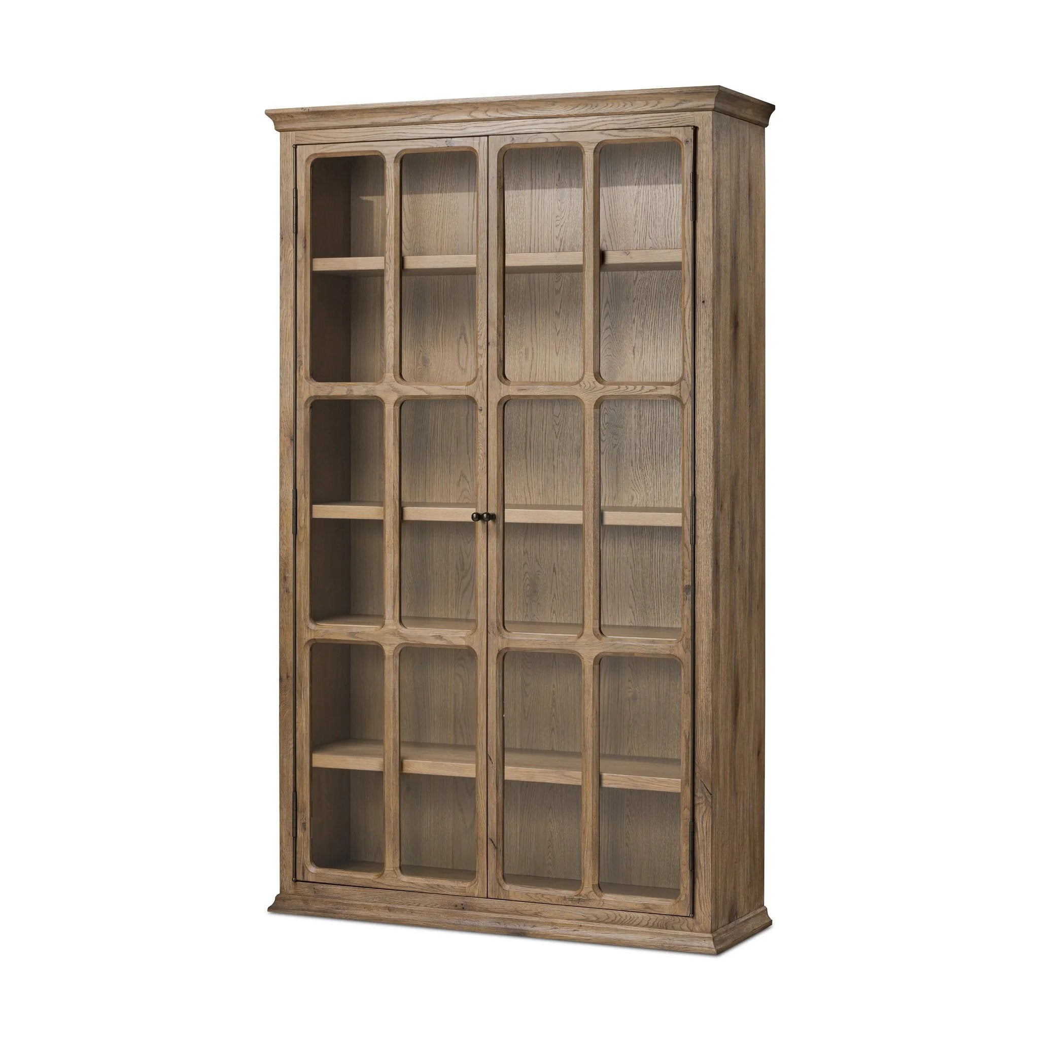 Featuring Dawes Weathered Oak Cabinet by Four Hands at Amethyst Home. Work the timeless charm of a vintage find into your collection. Weathered oak cabinetry features softened mullions and rounded glass panels, with aged bronze barrel hinges and finial detailing. Generous storage and display options  empower you to create a space that tells your story.Overal. Amethyst Home provides interior design, new home construction design consulting, vintage area rugs, and lighting in the Portland metro area.