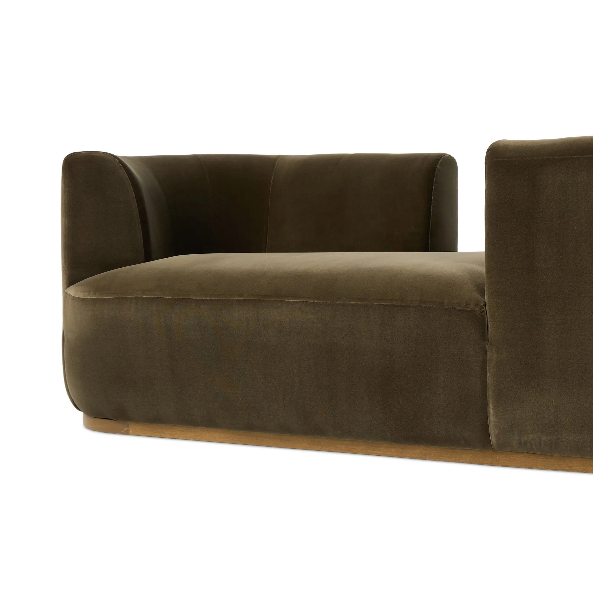Featuring Deandra Surrey Olive Tete A Tete Chaise by Four Hands at Amethyst Home. Modern European inspiration and plush curves come head to head in this stylish chaise. Upholstered in a soft cotton/poly blend fabric that feels both casual and elevated. A base of Rosa Morada wood grounds the entire piece.Overall Dimensions: 90.50"w x 38.00"d x 29.00"hWeight :. Amethyst Home provides interior design, new home construction design consulting, vintage area rugs, and lighting in the Monterey metro area.