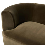 Featuring Deandra Surrey Olive Tete A Tete Chaise by Four Hands at Amethyst Home. Modern European inspiration and plush curves come head to head in this stylish chaise. Upholstered in a soft cotton/poly blend fabric that feels both casual and elevated. A base of Rosa Morada wood grounds the entire piece.Overall Dimensions: 90.50"w x 38.00"d x 29.00"hWeight : 15. Amethyst Home provides interior design, new home construction design consulting, vintage area rugs, and lighting in the Omaha metro area.