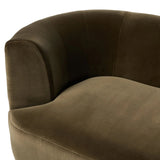 Featuring Deandra Surrey Olive Tete A Tete Chaise by Four Hands at Amethyst Home. Modern European inspiration and plush curves come head to head in this stylish chaise. Upholstered in a soft cotton/poly blend fabric that feels both casual and elevated. A base of Rosa Morada wood grounds the entire piece.Overall Dimensions: 90.50"w x 38.00"d x 29.00"hWeight : 15. Amethyst Home provides interior design, new home construction design consulting, vintage area rugs, and lighting in the Omaha metro area.