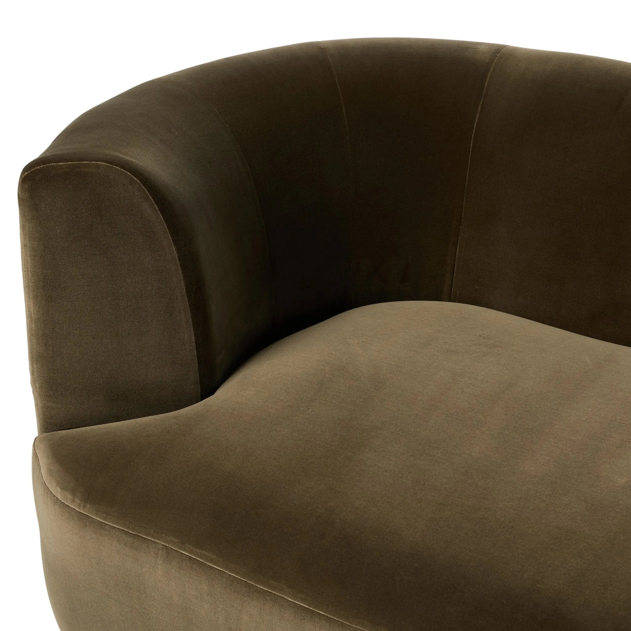 Featuring Deandra Surrey Olive Tete A Tete Chaise by Four Hands at Amethyst Home. Modern European inspiration and plush curves come head to head in this stylish chaise. Upholstered in a soft cotton/poly blend fabric that feels both casual and elevated. A base of Rosa Morada wood grounds the entire piece.Overall Dimensions: 90.50"w x 38.00"d x 29.00"hWeight : 15. Amethyst Home provides interior design, new home construction design consulting, vintage area rugs, and lighting in the Omaha metro area.