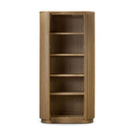 Crafted from light oak with a plinth-style base, rounded sides and linear reeding, this tall cabinet works subtle midcentury vibes into any space. Fully finished interior and shelves for quality detailing inside and out Amethyst Home provides interior design, new home construction design consulting, vintage area rugs, and lighting in the San Diego metro area.