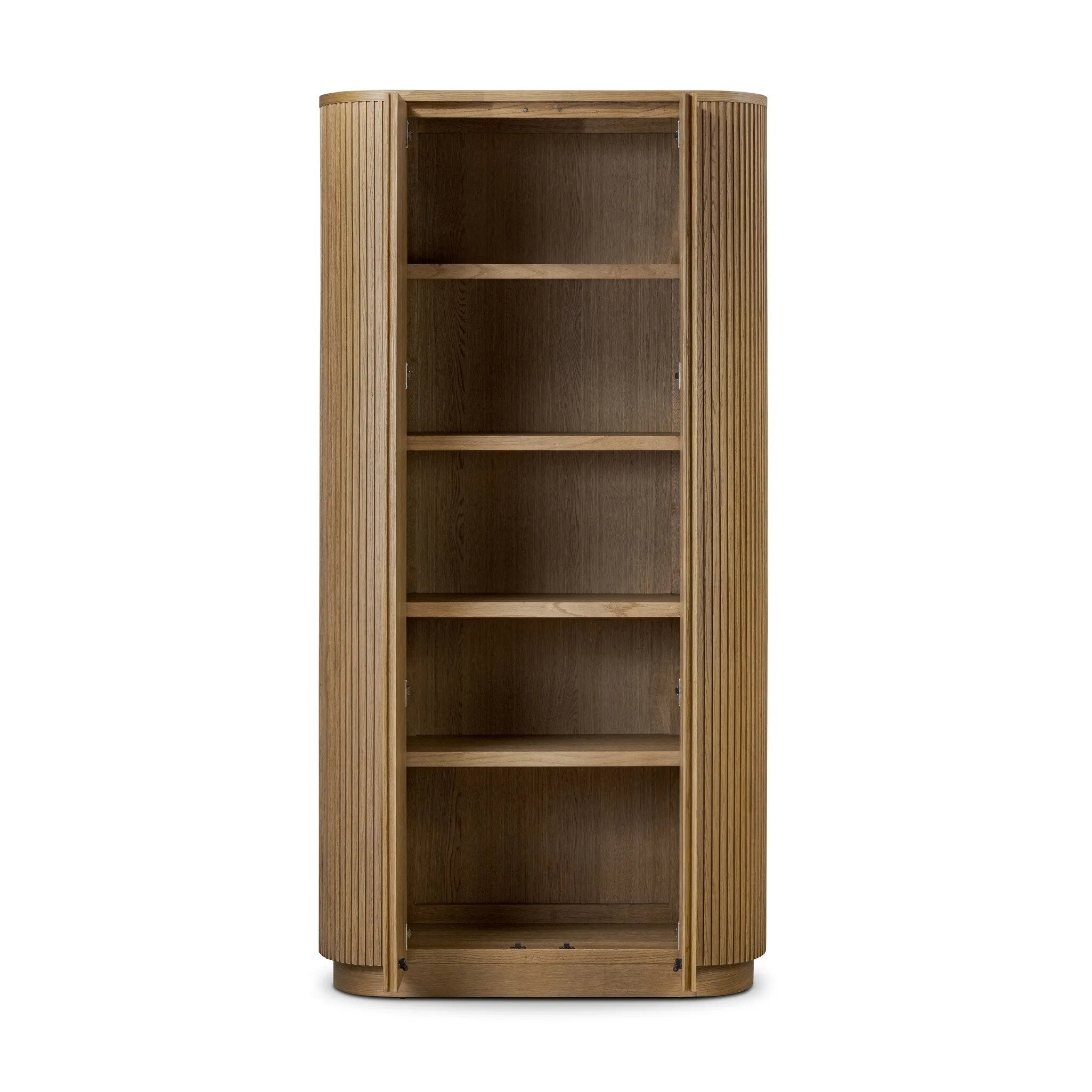 Crafted from light oak with a plinth-style base, rounded sides and linear reeding, this tall cabinet works subtle midcentury vibes into any space. Fully finished interior and shelves for quality detailing inside and out Amethyst Home provides interior design, new home construction design consulting, vintage area rugs, and lighting in the San Diego metro area.