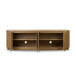Crafted from desert oak solids and veneers with a plinth-style base, rounded sides and linear reeding, this sideboard exudes midcentury vibes.  Fully finished interior and shelves for quality detailing inside and out Amethyst Home provides interior design, new home construction design consulting, vintage area rugs, and lighting in the Los Angeles metro area.