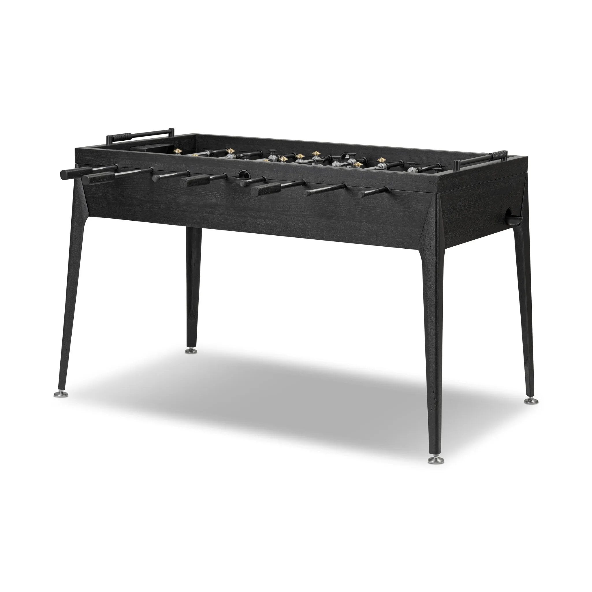 Streamlined for fun. This foosball table features a concrete playing surface and distinctly detailed players in cast aluminum. Rounded square wooden handles and cylindrical metal score counters tie together the sleek, industrial look of this foosball table, finished with tapered cast aluminum legs. Amethyst Home provides interior design, new home construction design consulting, vintage area rugs, and lighting in the Miami metro area.