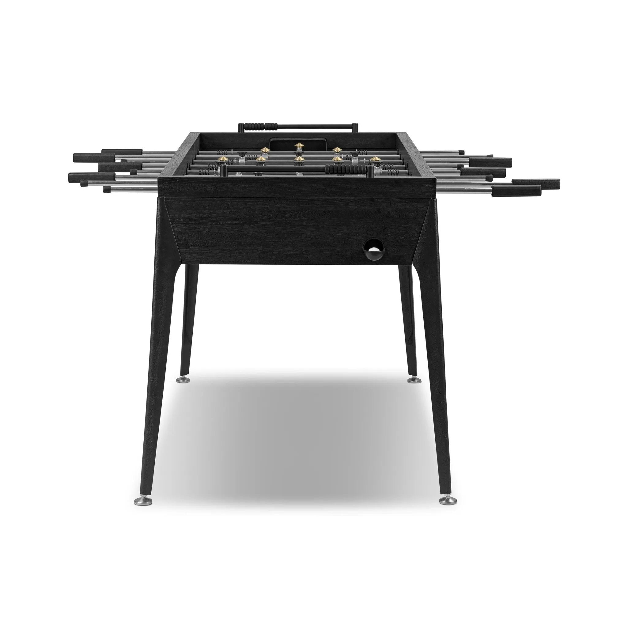 Streamlined for fun. This foosball table features a concrete playing surface and distinctly detailed players in cast aluminum. Rounded square wooden handles and cylindrical metal score counters tie together the sleek, industrial look of this foosball table, finished with tapered cast aluminum legs. Amethyst Home provides interior design, new home construction design consulting, vintage area rugs, and lighting in the San Diego metro area.