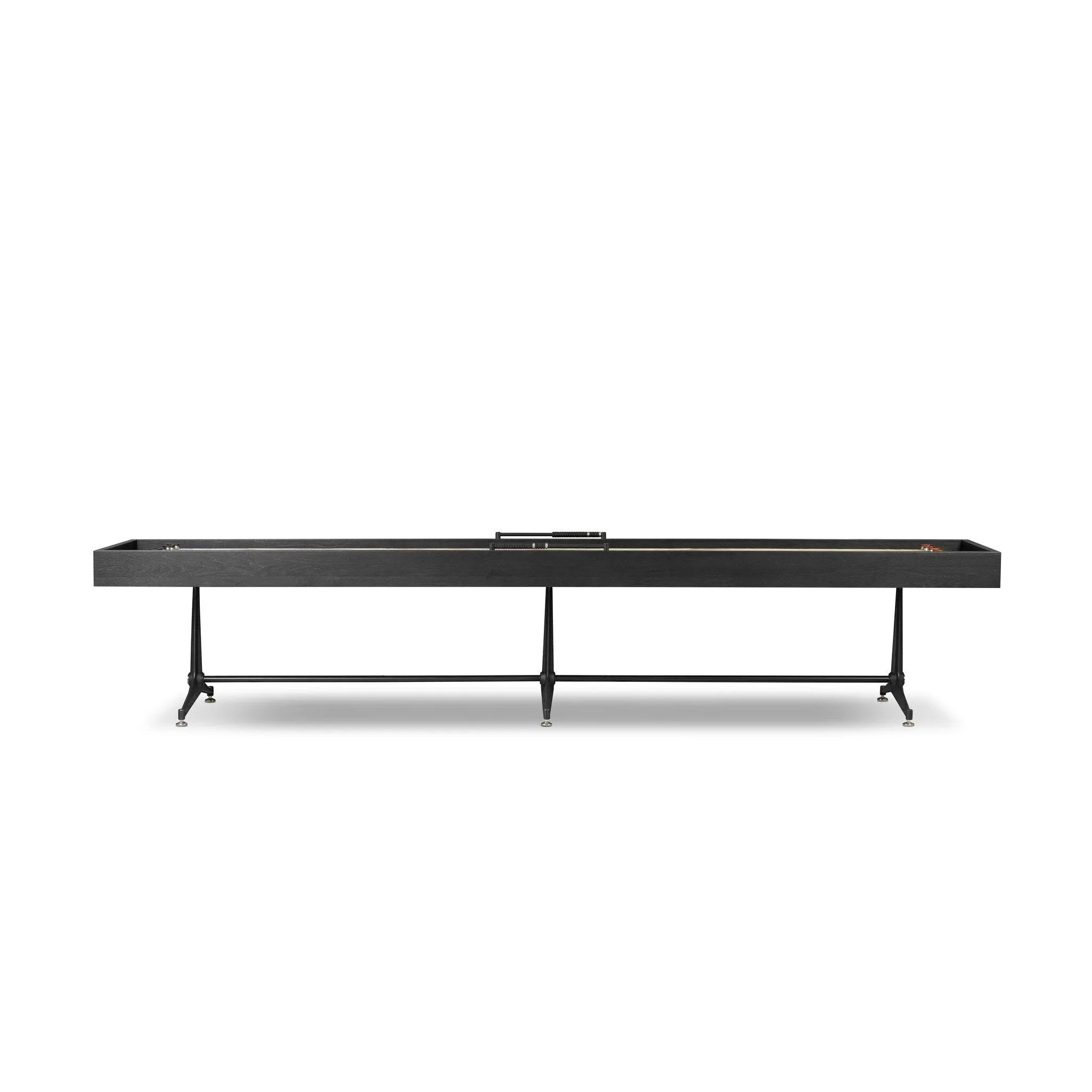 Material-driven for fun, this shuffleboard table features a hand-stitched leather landing surface, laminated solid oak game board — finished in a durable lacquer — and industrial trestle-style, cast iron legs. Climatic adjusters for leveling with ease. Each table comes with carved wood and steel pucks, as well as a steel ring scoring mechanism. Amethyst Home provides interior design, new home construction design consulting, vintage area rugs, and lighting in the Boston metro area.