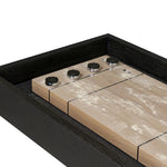 Material-driven for fun, this shuffleboard table features a hand-stitched leather landing surface, laminated solid oak game board — finished in a durable lacquer — and industrial trestle-style, cast iron legs. Climatic adjusters for leveling with ease. Each table comes with carved wood and steel pucks, as well as a steel ring scoring mechanism. Amethyst Home provides interior design, new home construction design consulting, vintage area rugs, and lighting in the Kansas City metro area.