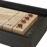 Material-driven for fun, this shuffleboard table features a hand-stitched leather landing surface, laminated solid oak game board — finished in a durable lacquer — and industrial trestle-style, cast iron legs. Climatic adjusters for leveling with ease. Each table comes with carved wood and steel pucks, as well as a steel ring scoring mechanism. Amethyst Home provides interior design, new home construction design consulting, vintage area rugs, and lighting in the Nashville metro area.