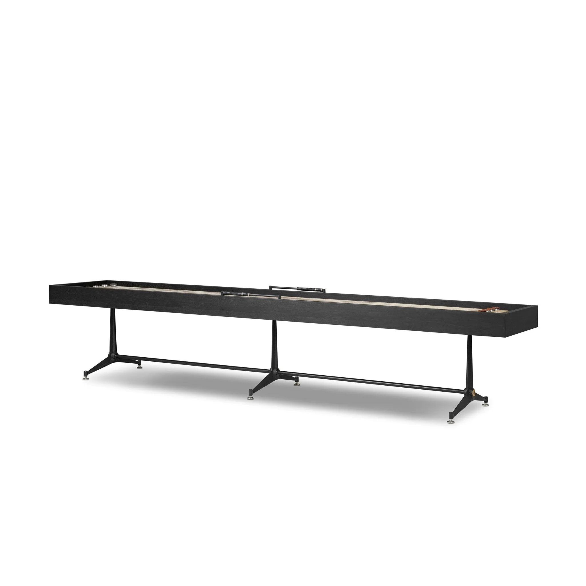 Material-driven for fun, this shuffleboard table features a hand-stitched leather landing surface, laminated solid oak game board — finished in a durable lacquer — and industrial trestle-style, cast iron legs. Climatic adjusters for leveling with ease. Each table comes with carved wood and steel pucks, as well as a steel ring scoring mechanism. Amethyst Home provides interior design, new home construction design consulting, vintage area rugs, and lighting in the Tampa metro area.