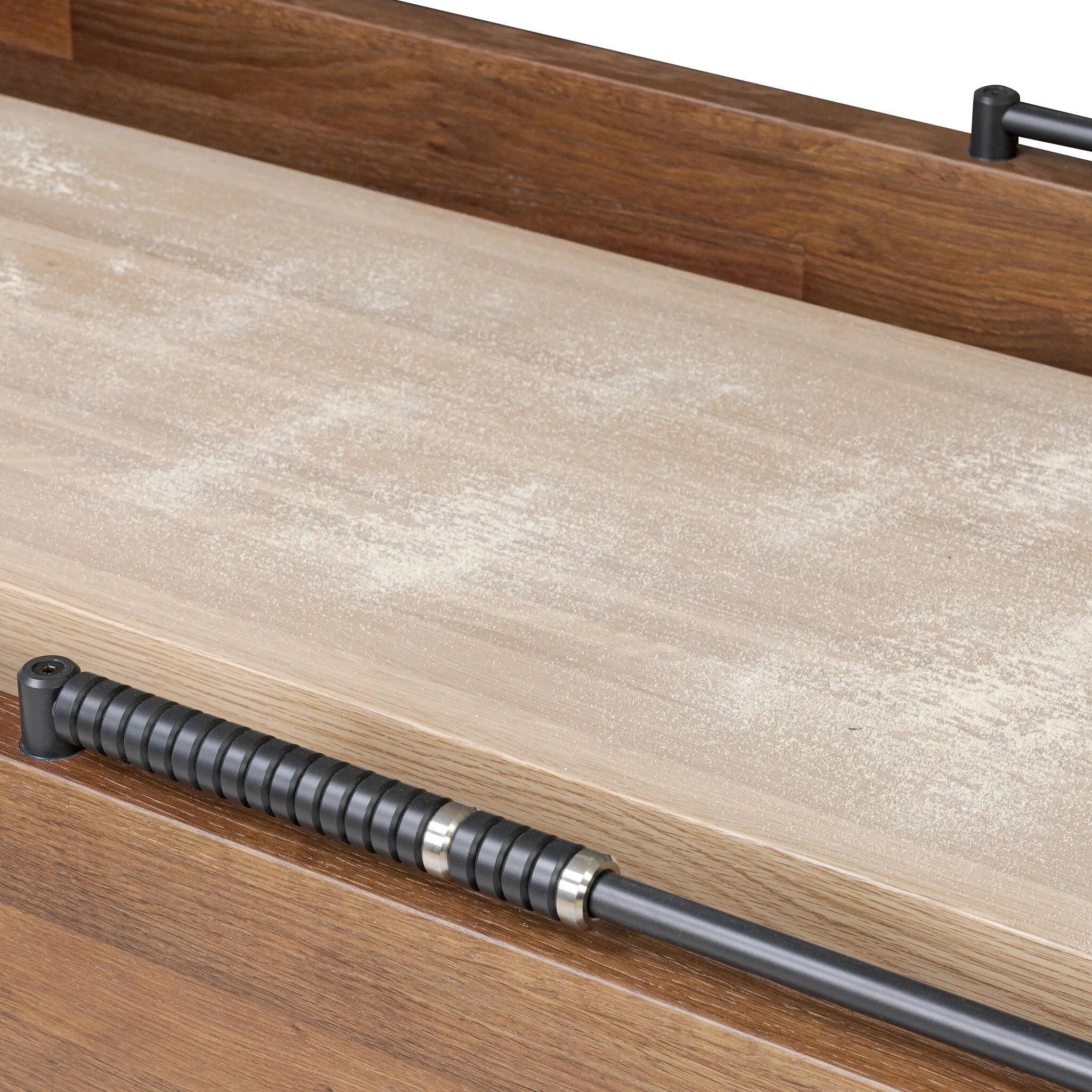Material-driven for fun, this shuffleboard table features a hand-stitched leather landing surface, laminated solid oak game board — finished in a durable lacquer — and industrial trestle-style, cast iron legs. Climatic adjusters for leveling with ease. Each table comes with carved wood and steel pucks, as well as a steel ring scoring mechanism. Amethyst Home provides interior design, new home construction design consulting, vintage area rugs, and lighting in the Nashville metro area.
