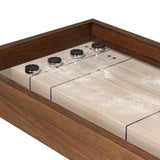 Material-driven for fun, this shuffleboard table features a hand-stitched leather landing surface, laminated solid oak game board — finished in a durable lacquer — and industrial trestle-style, cast iron legs. Climatic adjusters for leveling with ease. Each table comes with carved wood and steel pucks, as well as a steel ring scoring mechanism. Amethyst Home provides interior design, new home construction design consulting, vintage area rugs, and lighting in the Salt Lake City metro area.