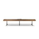 Material-driven for fun, this shuffleboard table features a hand-stitched leather landing surface, laminated solid oak game board — finished in a durable lacquer — and industrial trestle-style, cast iron legs. Climatic adjusters for leveling with ease. Each table comes with carved wood and steel pucks, as well as a steel ring scoring mechanism. Amethyst Home provides interior design, new home construction design consulting, vintage area rugs, and lighting in the Seattle metro area.