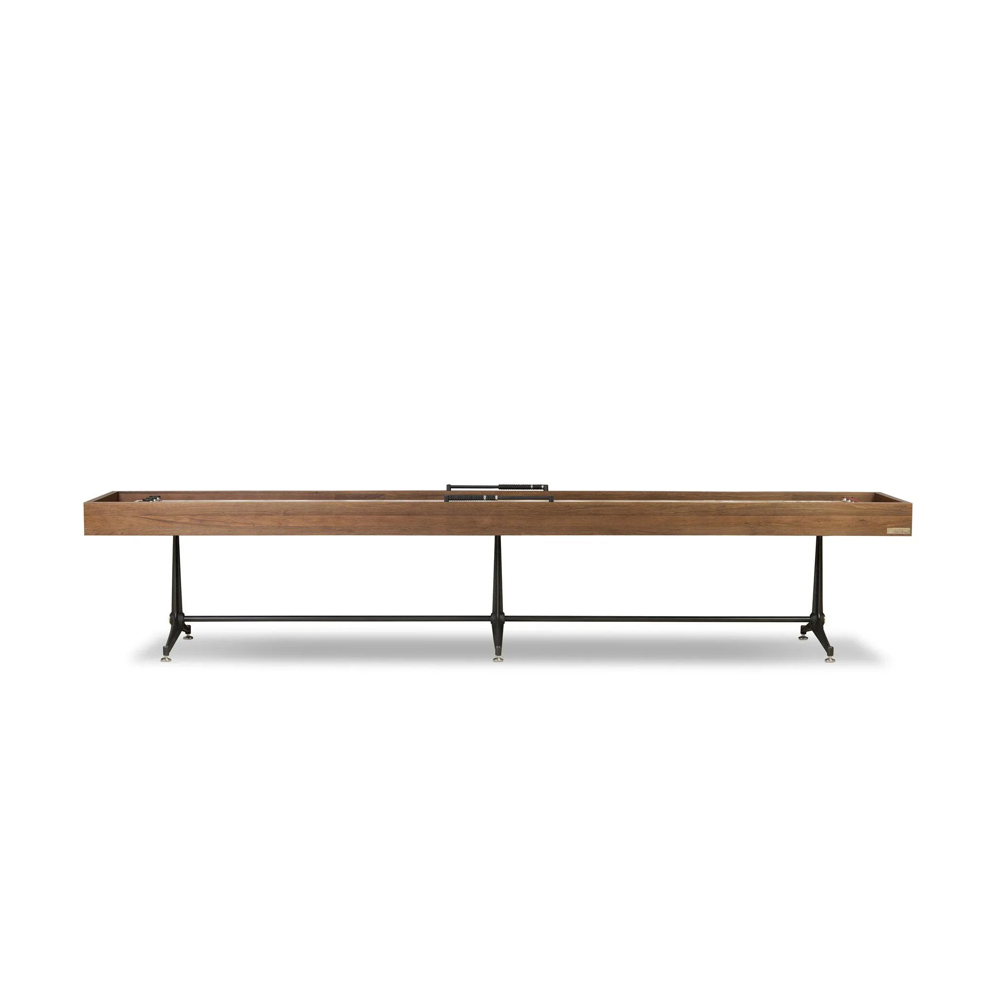 Material-driven for fun, this shuffleboard table features a hand-stitched leather landing surface, laminated solid oak game board — finished in a durable lacquer — and industrial trestle-style, cast iron legs. Climatic adjusters for leveling with ease. Each table comes with carved wood and steel pucks, as well as a steel ring scoring mechanism. Amethyst Home provides interior design, new home construction design consulting, vintage area rugs, and lighting in the Seattle metro area.