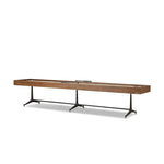 Material-driven for fun, this shuffleboard table features a hand-stitched leather landing surface, laminated solid oak game board — finished in a durable lacquer — and industrial trestle-style, cast iron legs. Climatic adjusters for leveling with ease. Each table comes with carved wood and steel pucks, as well as a steel ring scoring mechanism. Amethyst Home provides interior design, new home construction design consulting, vintage area rugs, and lighting in the Tampa metro area.