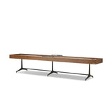 Material-driven for fun, this shuffleboard table features a hand-stitched leather landing surface, laminated solid oak game board — finished in a durable lacquer — and industrial trestle-style, cast iron legs. Climatic adjusters for leveling with ease. Each table comes with carved wood and steel pucks, as well as a steel ring scoring mechanism. Amethyst Home provides interior design, new home construction design consulting, vintage area rugs, and lighting in the Tampa metro area.