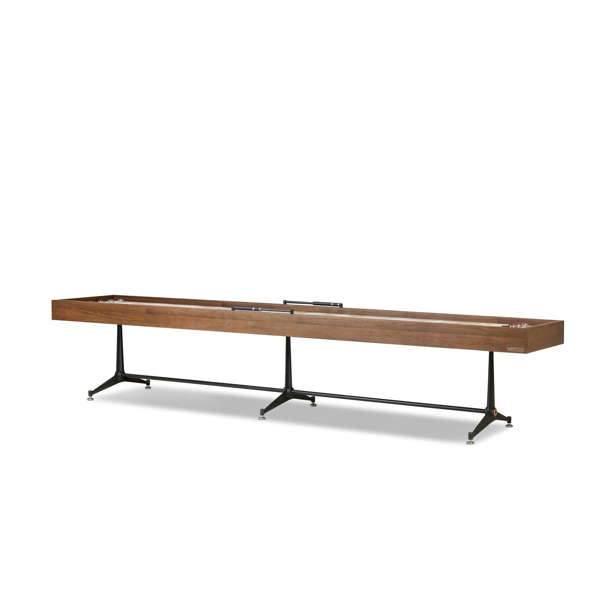 Material-driven for fun, this shuffleboard table features a hand-stitched leather landing surface, laminated solid oak game board — finished in a durable lacquer — and industrial trestle-style, cast iron legs. Climatic adjusters for leveling with ease. Each table comes with carved wood and steel pucks, as well as a steel ring scoring mechanism. Amethyst Home provides interior design, new home construction design consulting, vintage area rugs, and lighting in the Tampa metro area.
