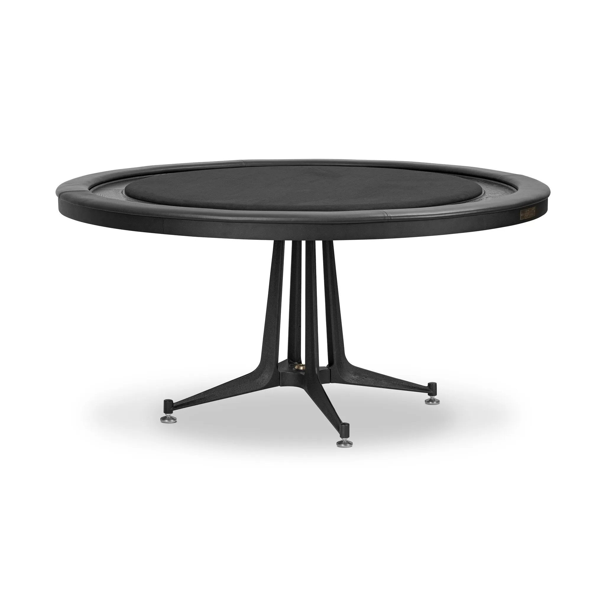 All in. The wood table top of this poker table from District Eight is finished in felt for easy card grabbing, and accented by a leather cushioned edge for comfort. Supported by an industrial cast iron trestle pedestal base, finished with adjustable feet. Amethyst Home provides interior design, new home construction design consulting, vintage area rugs, and lighting in the Calabasas metro area.