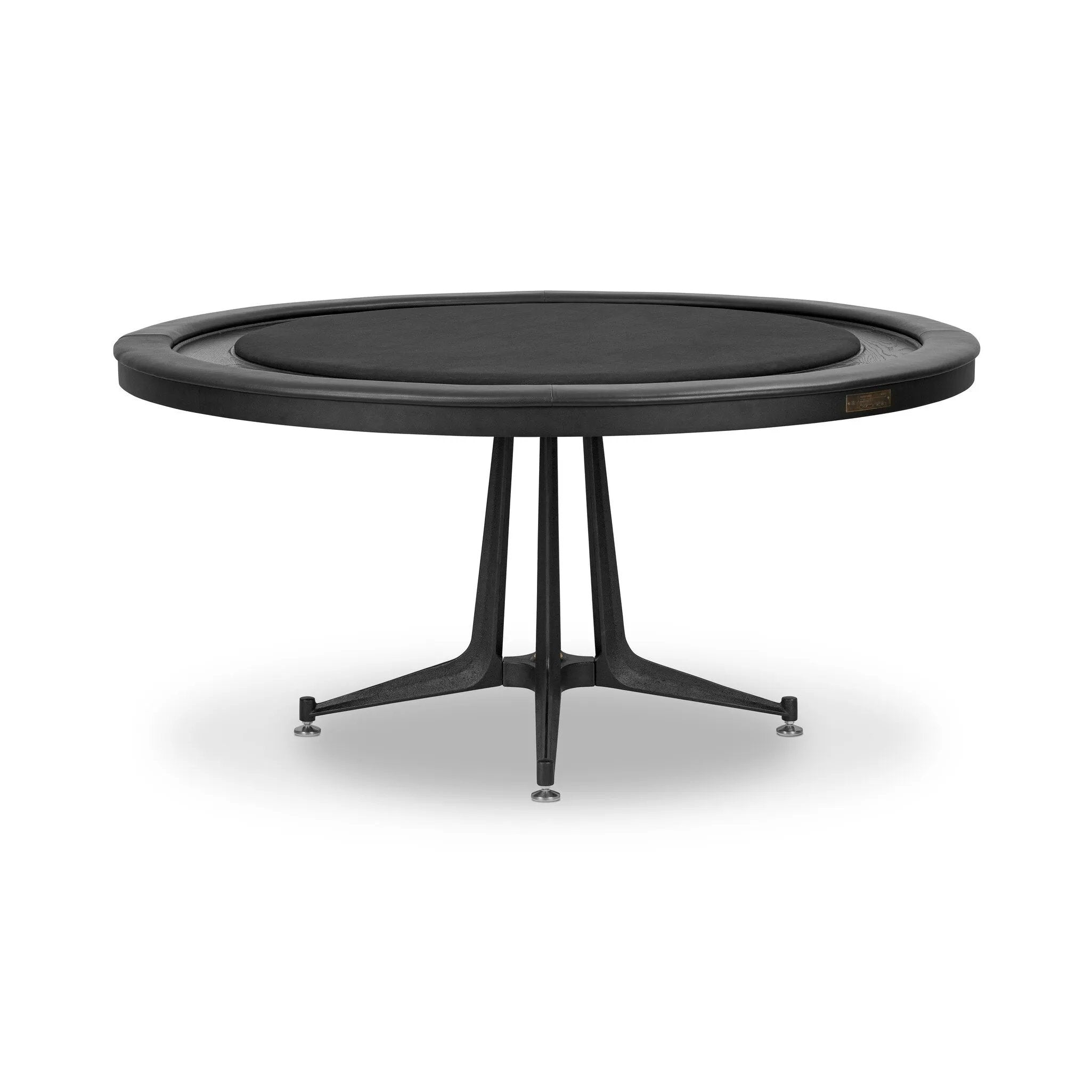 All in. The wood table top of this poker table from District Eight is finished in felt for easy card grabbing, and accented by a leather cushioned edge for comfort. Supported by an industrial cast iron trestle pedestal base, finished with adjustable feet. Amethyst Home provides interior design, new home construction design consulting, vintage area rugs, and lighting in the Monterey metro area.
