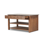 A kitchen island and waterfall dining table in one. Crafted from oak, the island system features two large shelves and three drawers on each side, all  topped with by warm grey marble. The pullout table extends and fits inside the frame with ease Amethyst Home provides interior design, new home construction design consulting, vintage area rugs, and lighting in the Kansas City metro area.