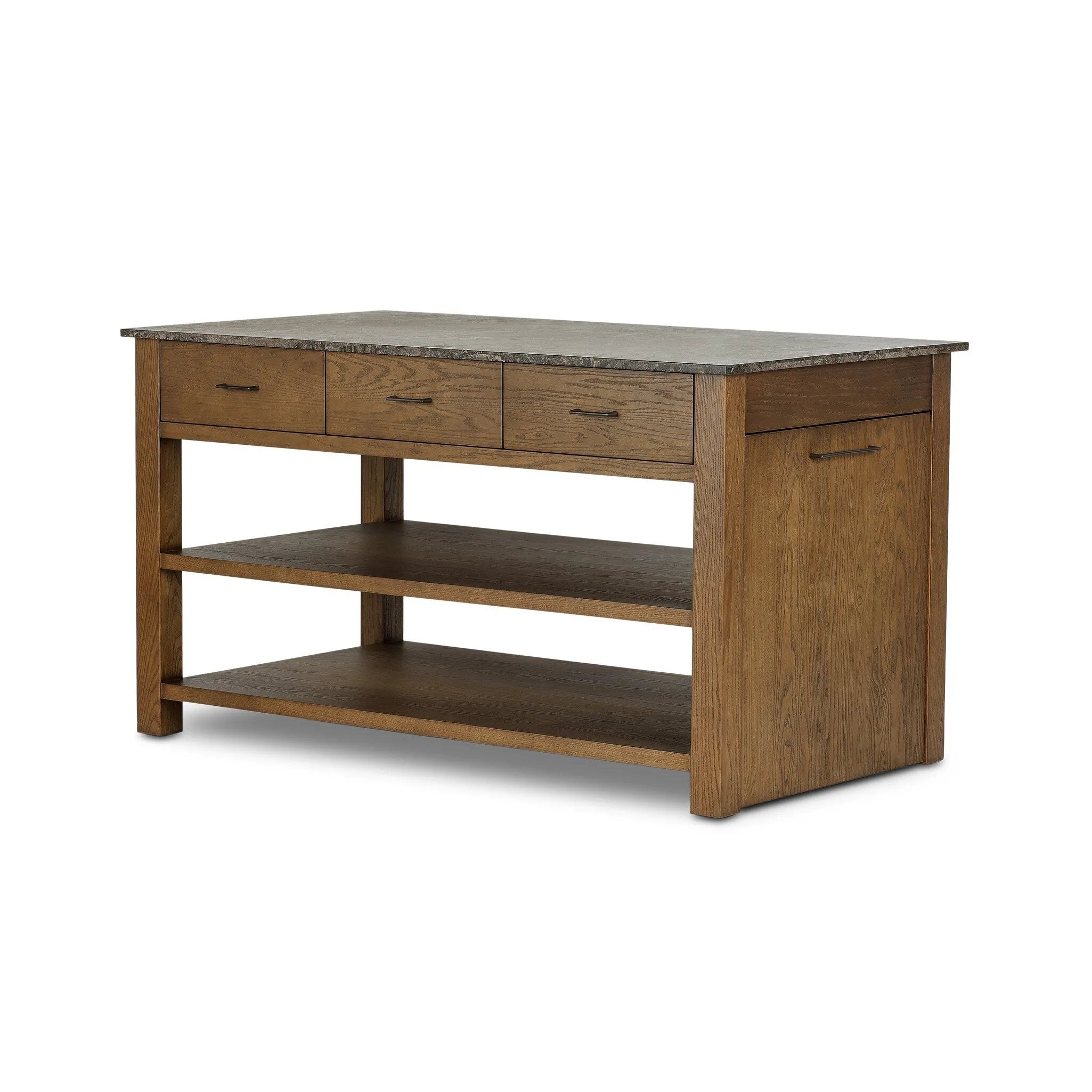 A kitchen island and waterfall dining table in one. Crafted from oak, the island system features two large shelves and three drawers on each side, all  topped with by warm grey marble. The pullout table extends and fits inside the frame with ease Amethyst Home provides interior design, new home construction design consulting, vintage area rugs, and lighting in the Laguna Beach metro area.