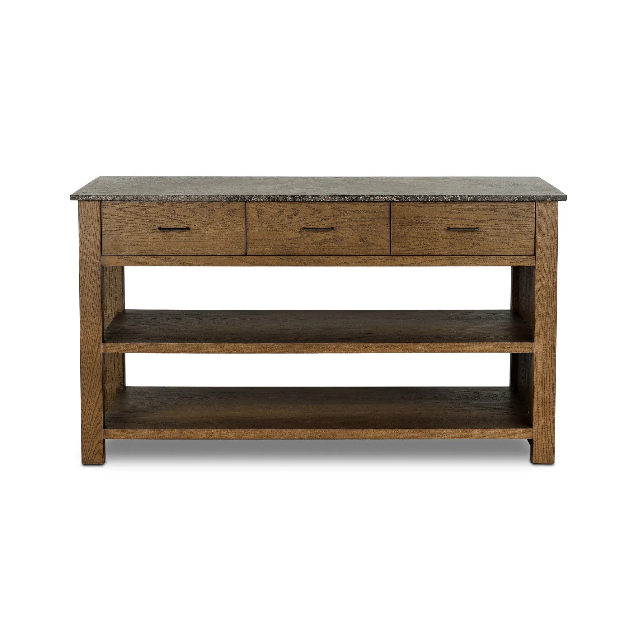 A kitchen island and waterfall dining table in one. Crafted from oak, the island system features two large shelves and three drawers on each side, all  topped with by warm grey marble. The pullout table extends and fits inside the frame with ease Amethyst Home provides interior design, new home construction design consulting, vintage area rugs, and lighting in the Monterey metro area.