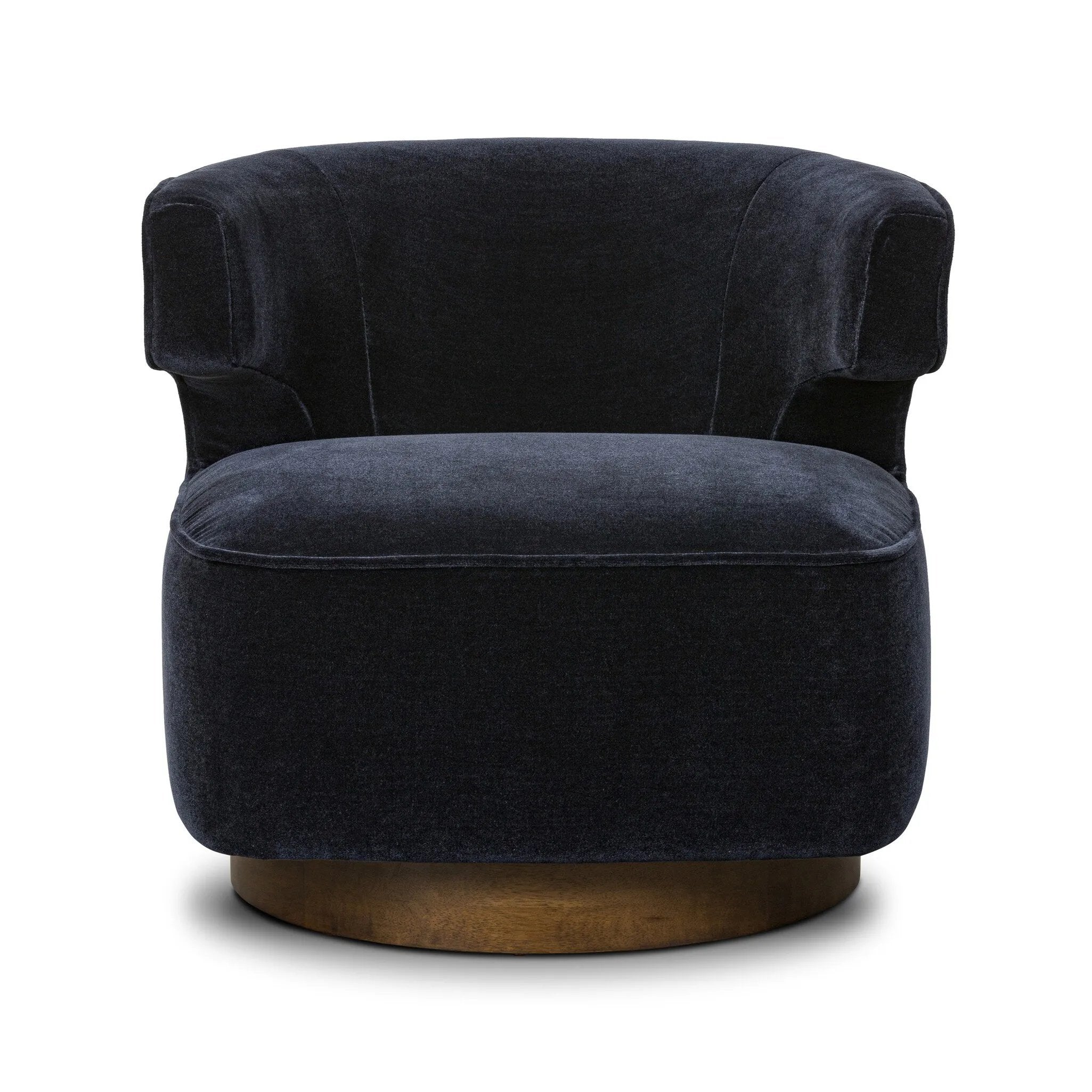 Featuring Dottie Monte Navy Swivel Chair by Four Hands at Amethyst Home. The continuous form of this swivel chair creates a sleek look that elevates everyday seating. Upholstered in navy wool blend, its sleek design is complemented by a 360-degree swivel and pedestal base of solid parawood for a mixed media moment. Overall Dimensions: 29.00"w x 33.75"d x 27.. Amethyst Home provides interior design, new home construction design consulting, vintage area rugs, and lighting in the Portland metro area.