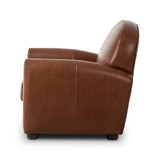 The popular Art Deco club chair makes a comeback. With a prominent curved top, deep seat with a loose cushion, and armrests designed for true relaxation, the armchair invites you to sit back and take it all in. Upholstered in rich mahogany top-grain leather. Amethyst Home provides interior design, new home construction design consulting, vintage area rugs, and lighting in the Tampa metro area.
