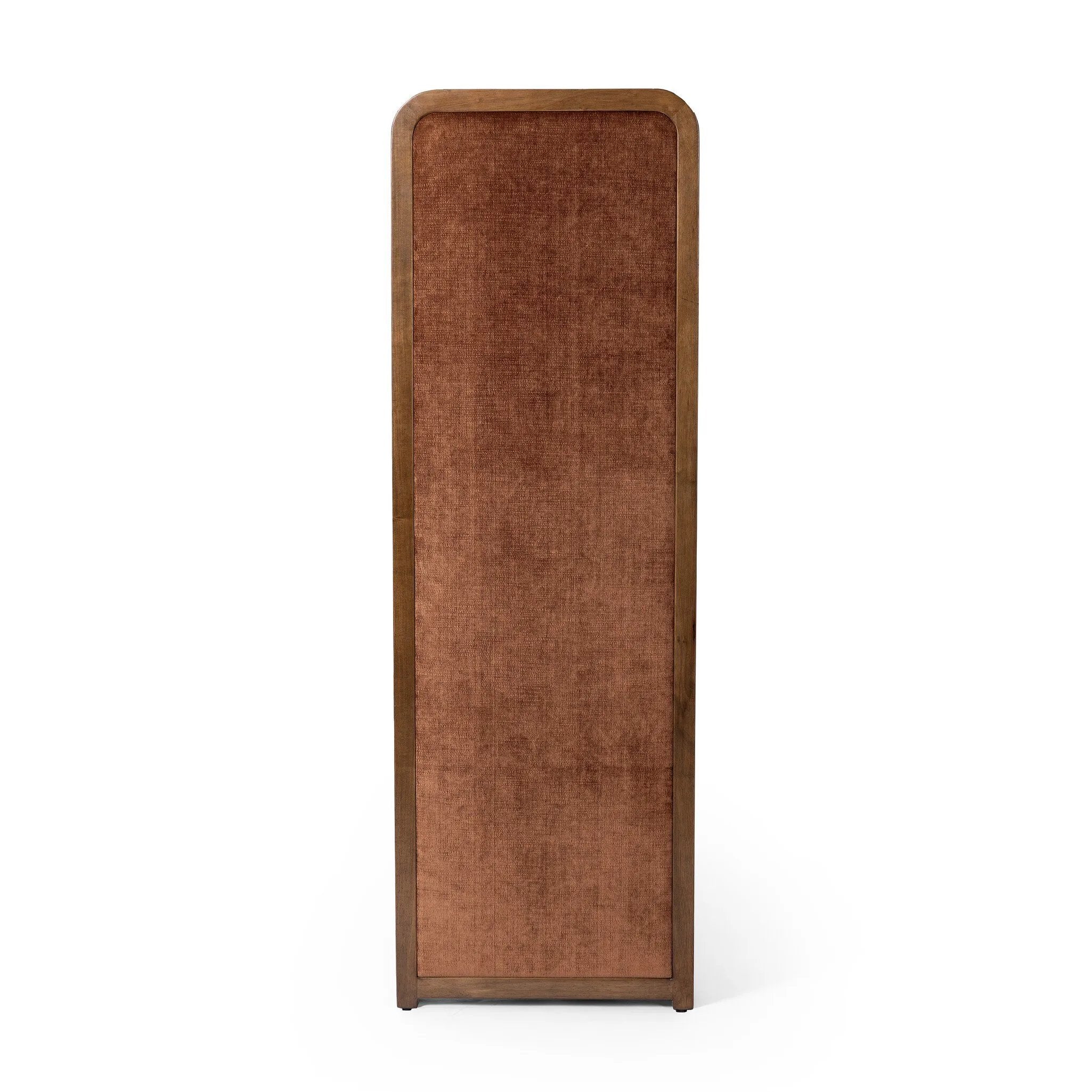 Featuring Duane Vintage Parawood Room Divider by Four Hands at Amethyst Home. Add privacy where you need it with a vintage-inspired room divider. Three long panels are upholstered in a rich rust-colored chenille and framed out by warm parawood. Overall Dimensions: 72.00"w x 1.50"d x 73.00"h. Amethyst Home provides interior design, new home construction design consulting, vintage area rugs, and lighting in the San Diego metro area.