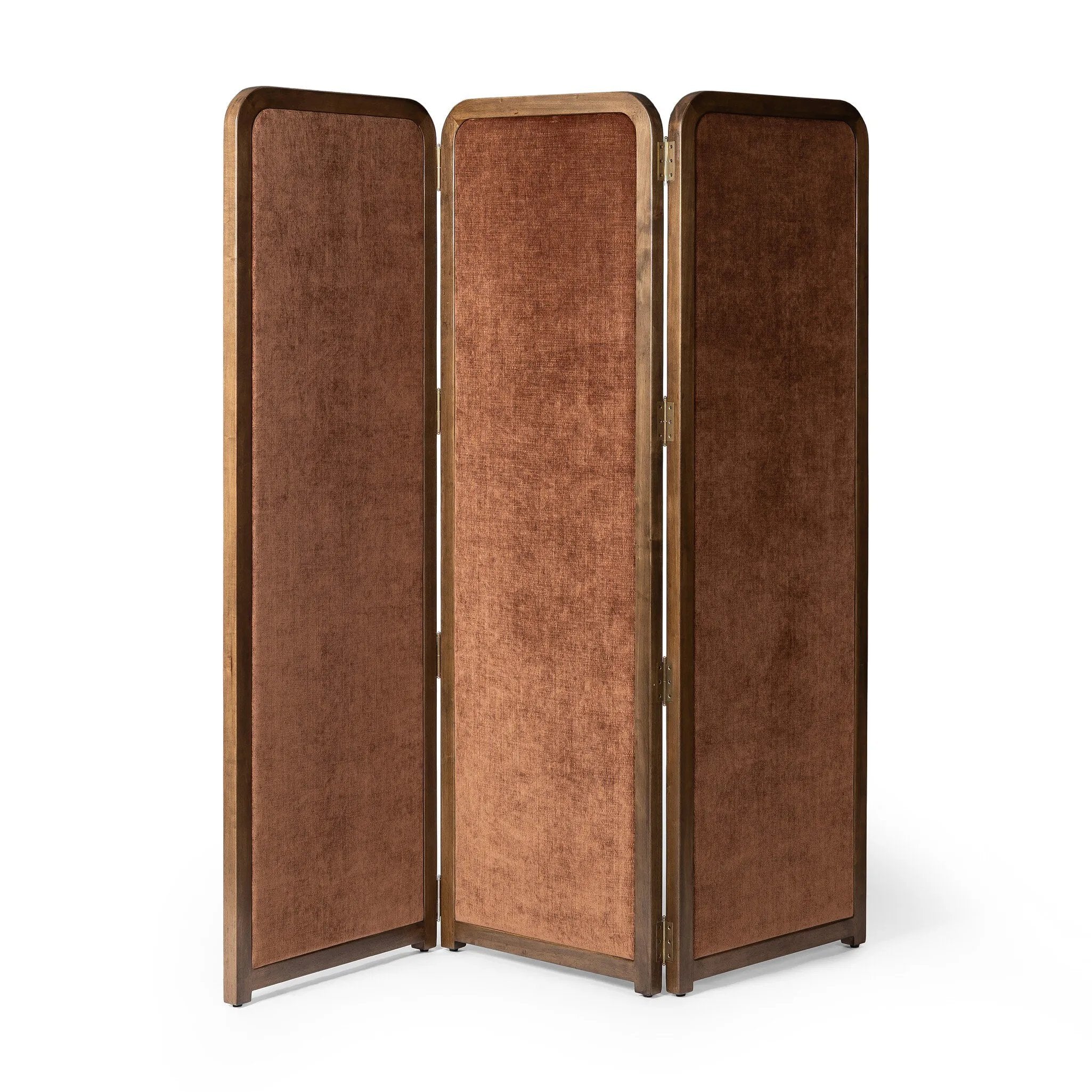 Add privacy where you need it with a vintage-inspired room divider. Three long panels are upholstered in a rich rust-colored chenille and framed out by warm parawood Amethyst Home provides interior design, new home construction design consulting, vintage area rugs, and lighting in the Scottsdale metro area.