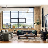 A modernized midcentury silhouette meets the traditional Chesterfield sofa, all in a compact profile perfect for smaller spaces. Top-grain leather in a classic black, button tufting and a smooth touch bring deep comfort to lounging Amethyst Home provides interior design, new home construction design consulting, vintage area rugs, and lighting in the Washington metro area.