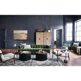 A modernized midcentury silhouette meets the traditional Chesterfield sofa, all in a compact profile perfect for smaller spaces. Smooth velvet in an olive hue, button tufting and a soft touch bring deep comfort to lounging Amethyst Home provides interior design, new home construction design consulting, vintage area rugs, and lighting in the Charlotte metro area.