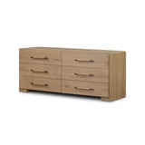 Simple and spacious, this oak dresser has six drawers paired with aged bronze and wood hardware. Waterfall shaping and soft-close undermount glides give a smooth finish Amethyst Home provides interior design, new home construction design consulting, vintage area rugs, and lighting in the Alpharetta metro area.