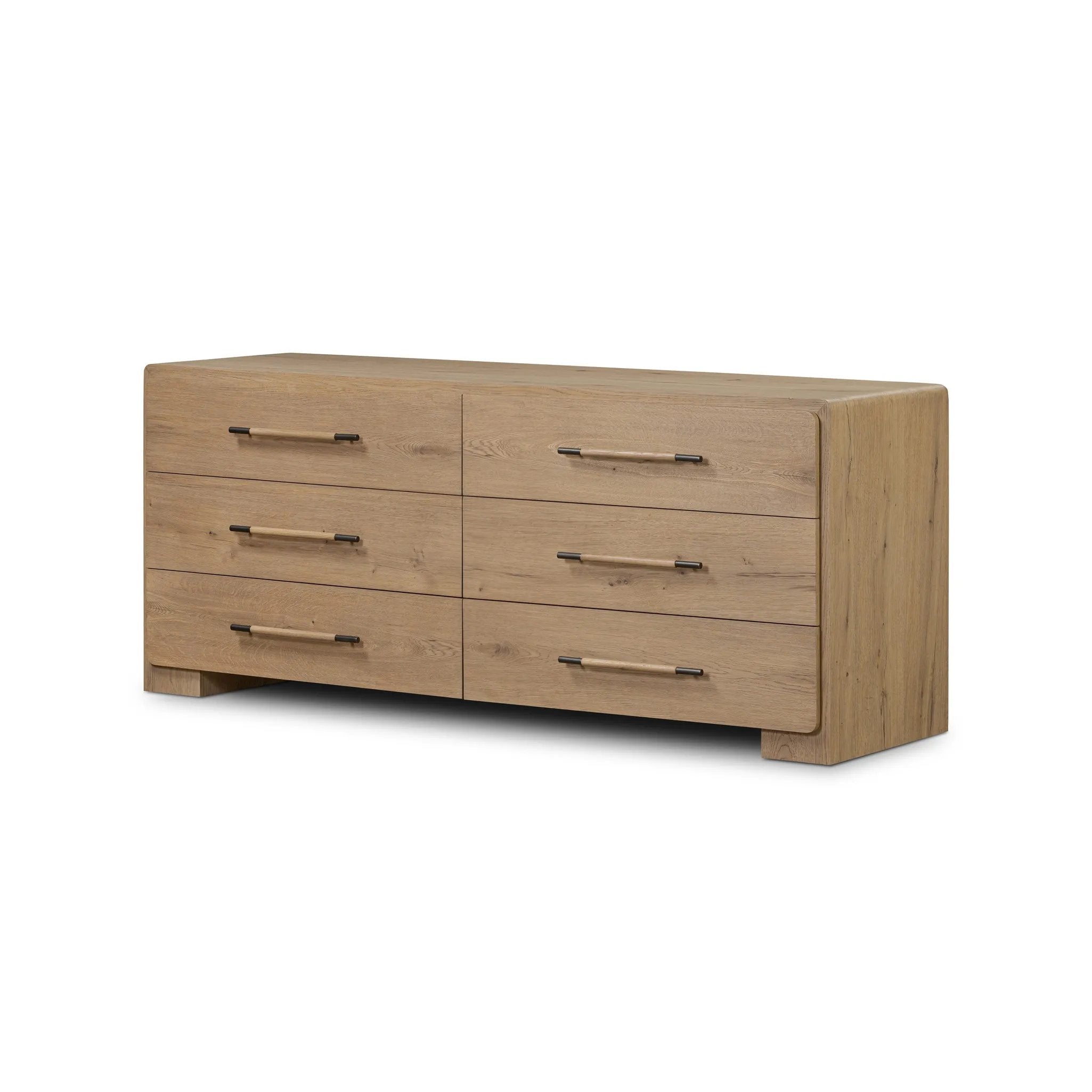 Simple and spacious, this oak dresser has six drawers paired with aged bronze and wood hardware. Waterfall shaping and soft-close undermount glides give a smooth finish Amethyst Home provides interior design, new home construction design consulting, vintage area rugs, and lighting in the Alpharetta metro area.
