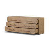 Simple and spacious, this oak dresser has six drawers paired with aged bronze and wood hardware. Waterfall shaping and soft-close undermount glides give a smooth finish Amethyst Home provides interior design, new home construction design consulting, vintage area rugs, and lighting in the Monterey metro area.