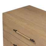 Simple and spacious, this oak dresser has six drawers paired with aged bronze and wood hardware. Waterfall shaping and soft-close undermount glides give a smooth finish Amethyst Home provides interior design, new home construction design consulting, vintage area rugs, and lighting in the Omaha metro area.