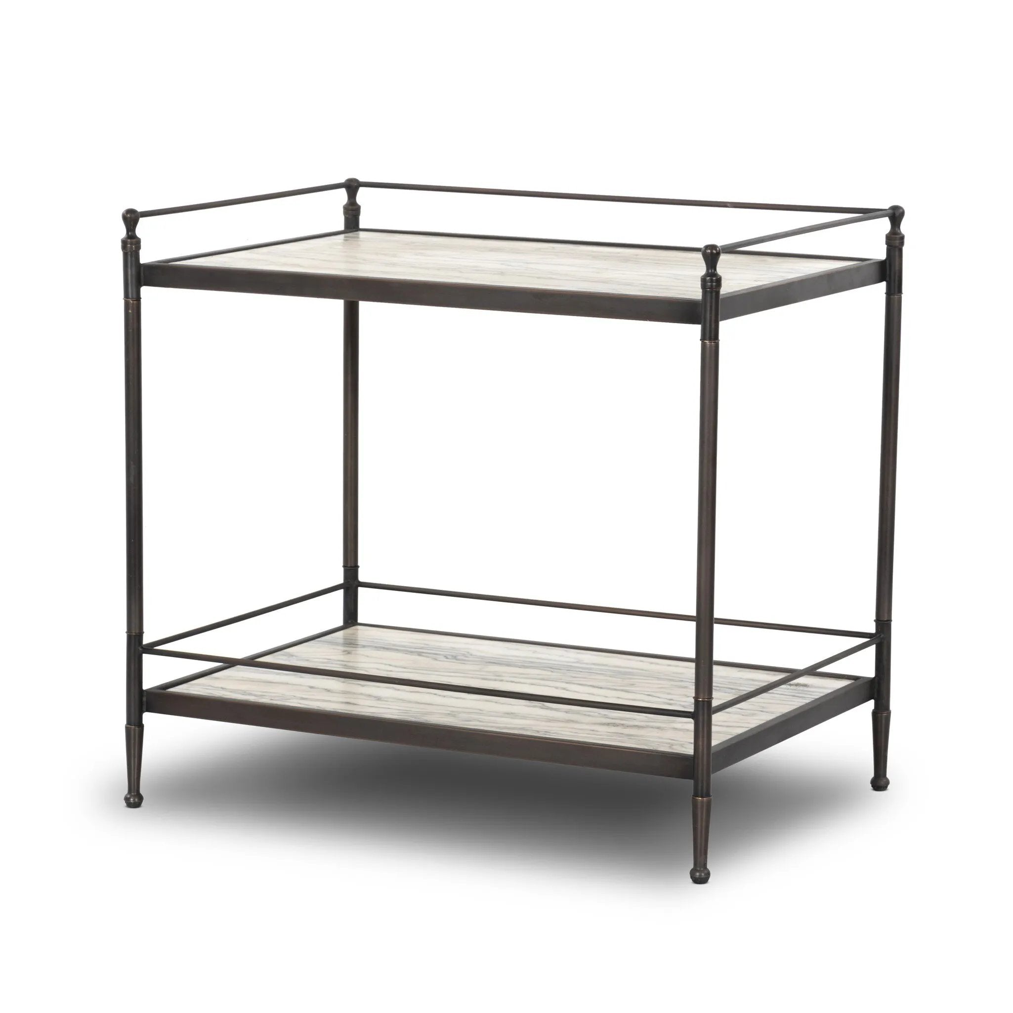 Bring a touch of heritage charm to your bedroom with this two-tier metal nightstand. An aged rust finish complements solid marble shelves with stripe-like veining, finished out with turned legs and gallery edging Amethyst Home provides interior design, new home construction design consulting, vintage area rugs, and lighting in the Alpharetta metro area.