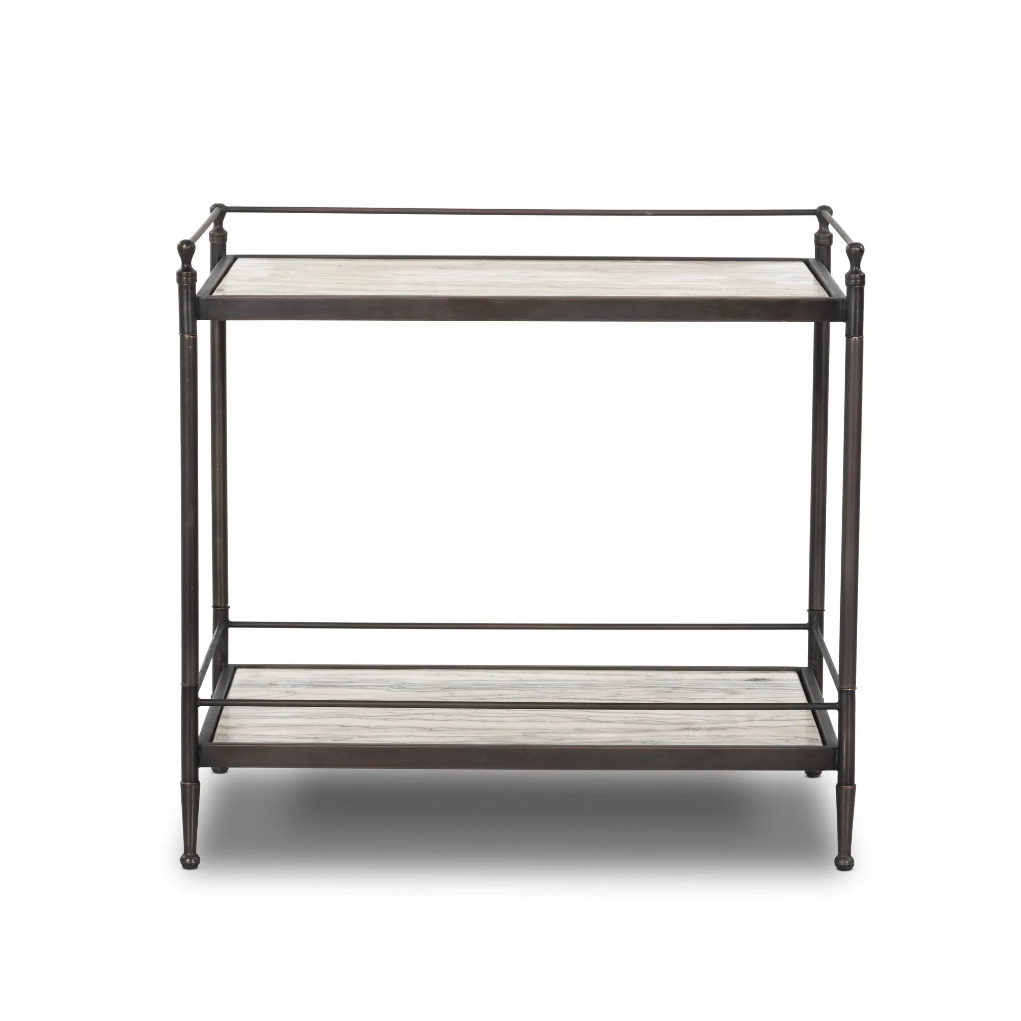 Bring a touch of heritage charm to your bedroom with this two-tier metal nightstand. An aged rust finish complements solid marble shelves with stripe-like veining, finished out with turned legs and gallery edging Amethyst Home provides interior design, new home construction design consulting, vintage area rugs, and lighting in the Boston metro area.