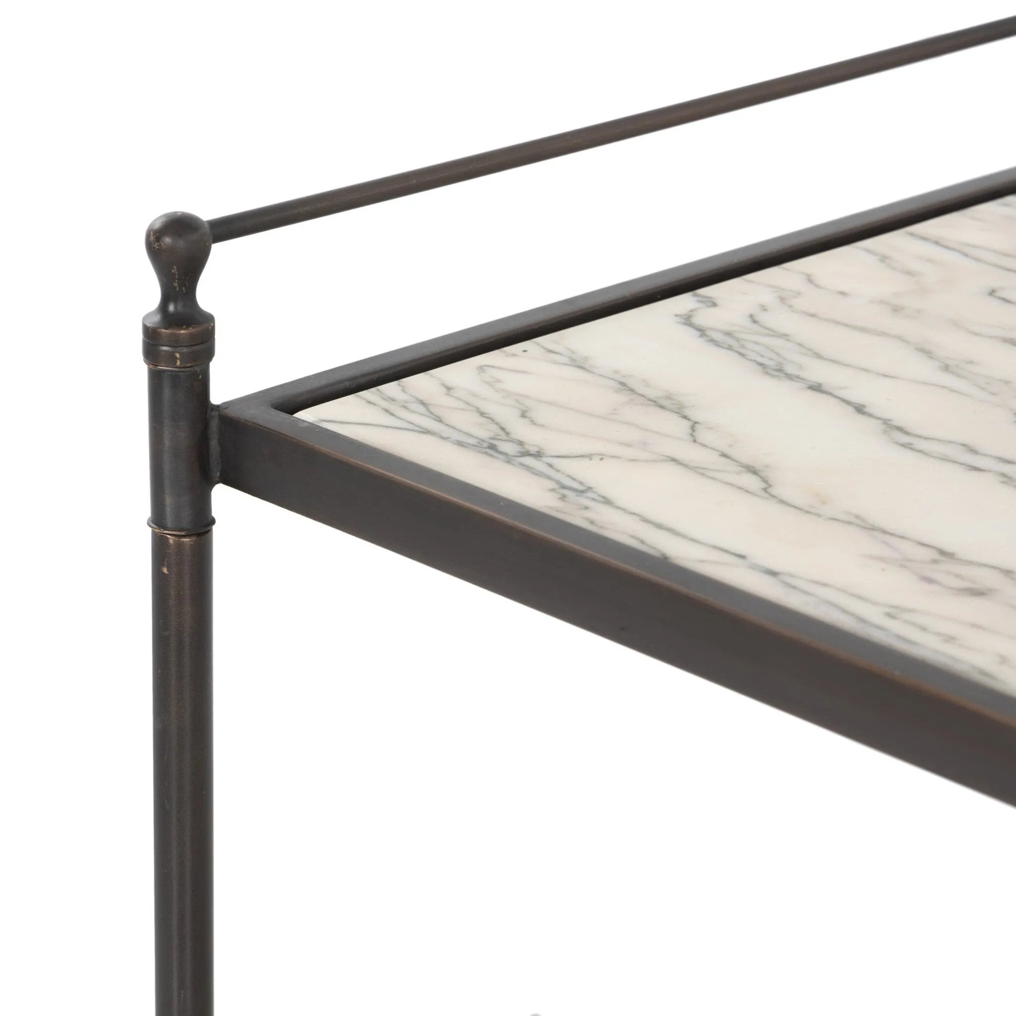 Bring a touch of heritage charm to your bedroom with this two-tier metal nightstand. An aged rust finish complements solid marble shelves with stripe-like veining, finished out with turned legs and gallery edging Amethyst Home provides interior design, new home construction design consulting, vintage area rugs, and lighting in the Portland metro area.